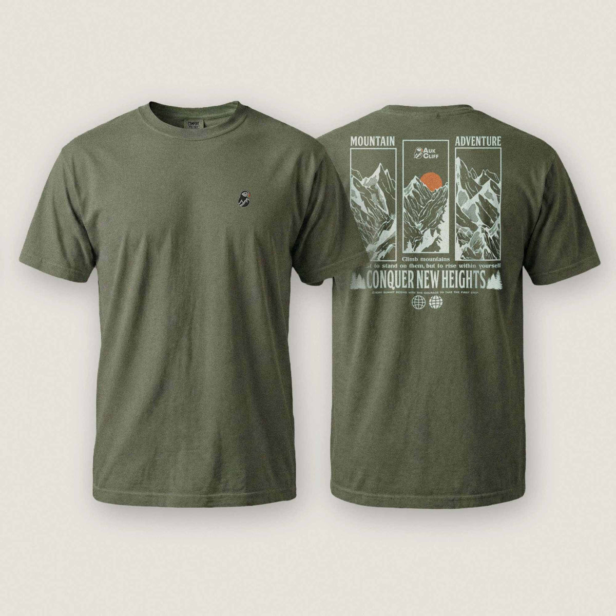 AukCliff Rear Print Comfort Colors T-shirt Moss / S Conquer New Heights Mountain Comfort Colors T-Shirt