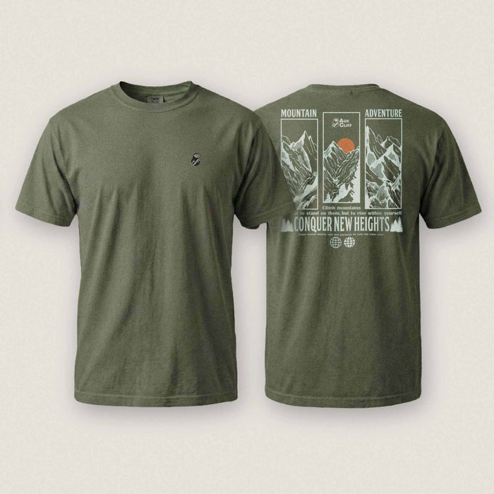 AukCliff Rear Print Comfort Colors T-shirt Moss / S Conquer New Heights Mountain Comfort Colors T-Shirt