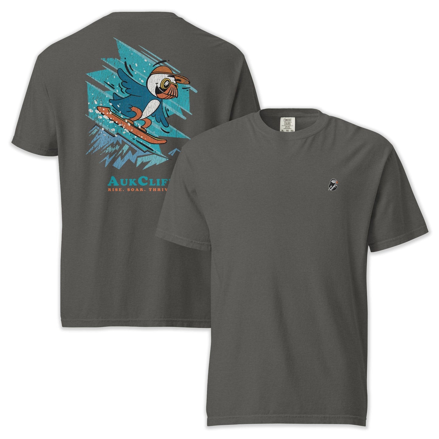 AukCliff Rear Print Comfort Colors T-shirt Pepper / S Retro Snowboarder Puffin Comfort Colors Back Print T-Shirt