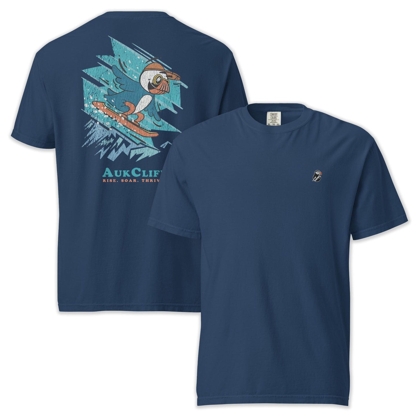 AukCliff Rear Print Comfort Colors T-shirt True Navy / S Retro Snowboarder Puffin Comfort Colors Back Print T-Shirt