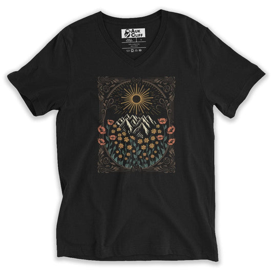 AukCliff V-Neck T-shirt S Sunlit Mountain Tapestry  V-Neck T-Shirt