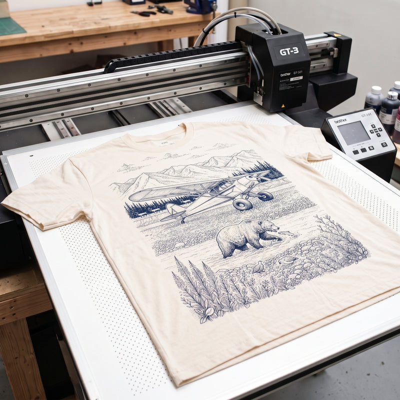 A Bush Pilot tee on the printer bed, mid job: a bush plane on a gravel bar with a bear in the river, engraved in dark blue on natural cotton