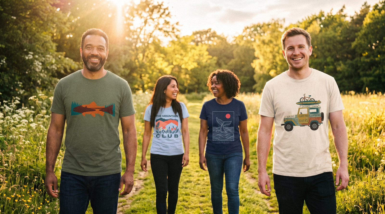 Four friends walking, wearing AukCliff tees