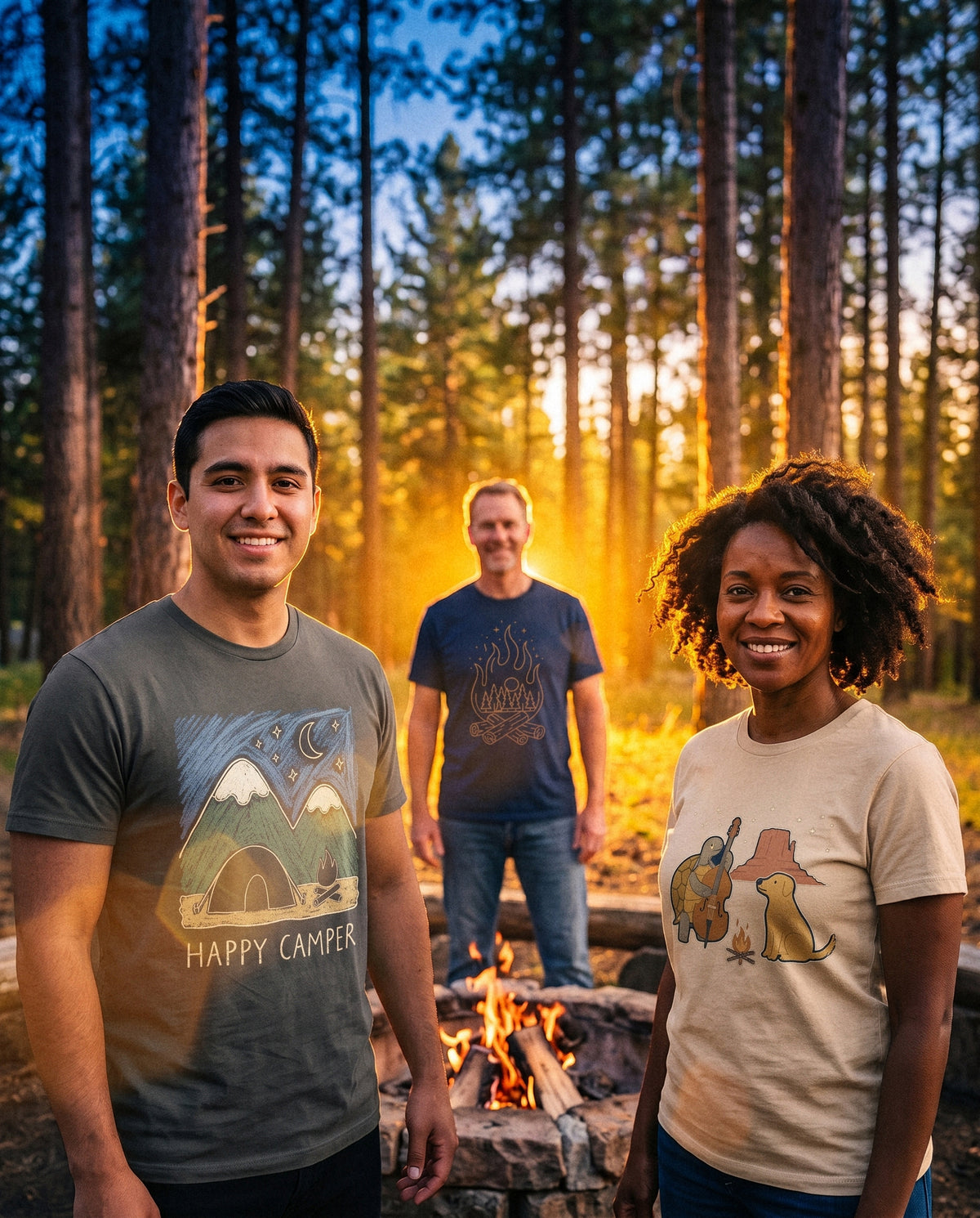 AukCliff t-shirts worn at a campfire in the pines, photo 1