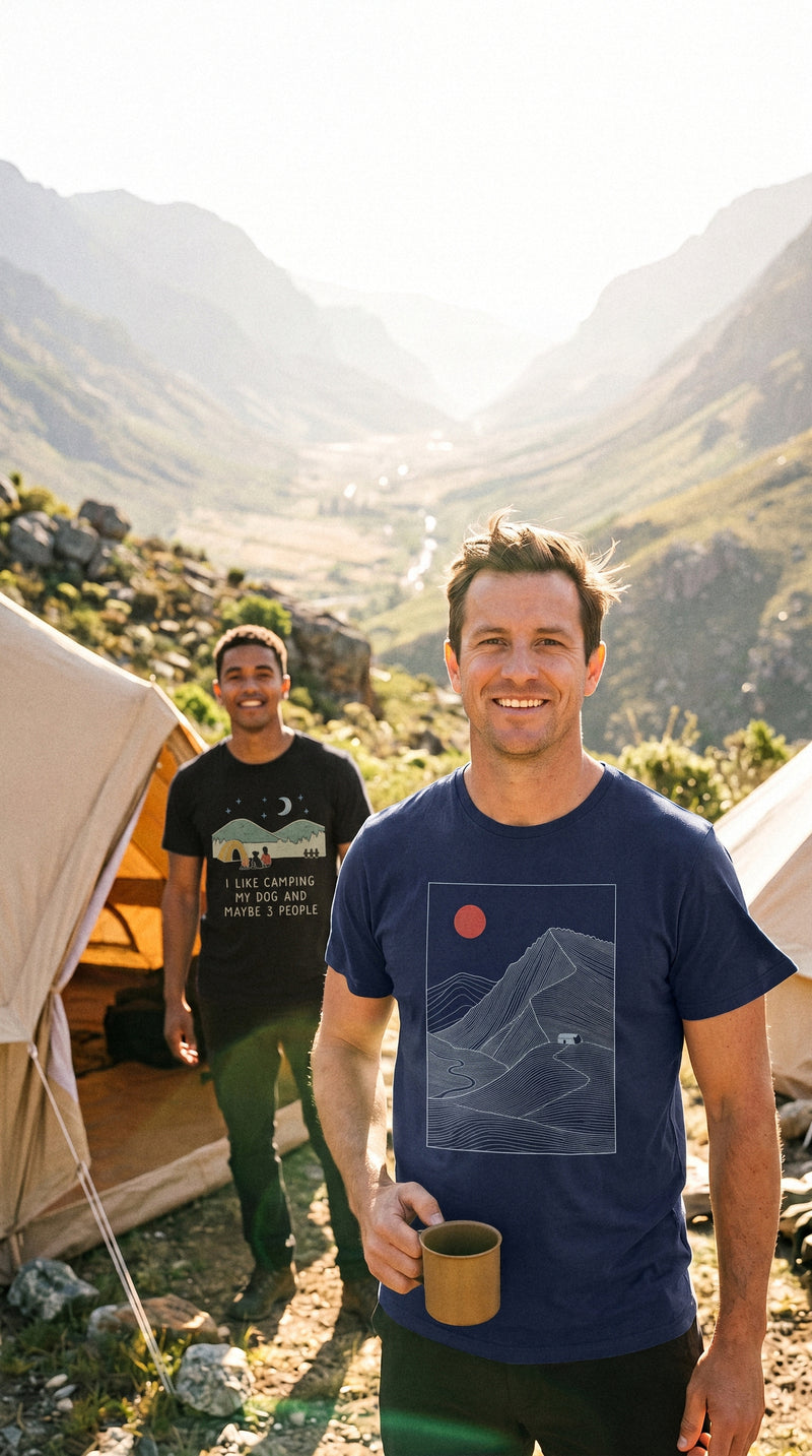AukCliff t-shirts worn at a morning camp pitch, photo 3