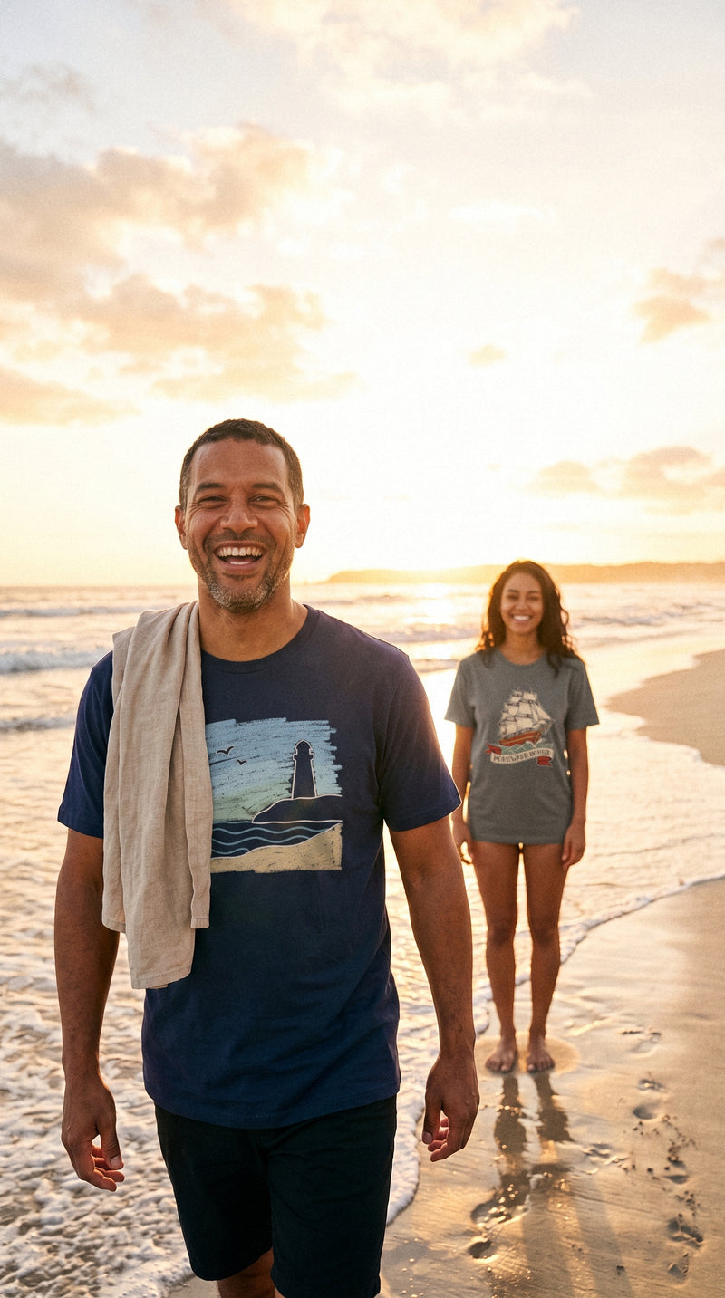 AukCliff t-shirts worn at a shingle beach, photo 3