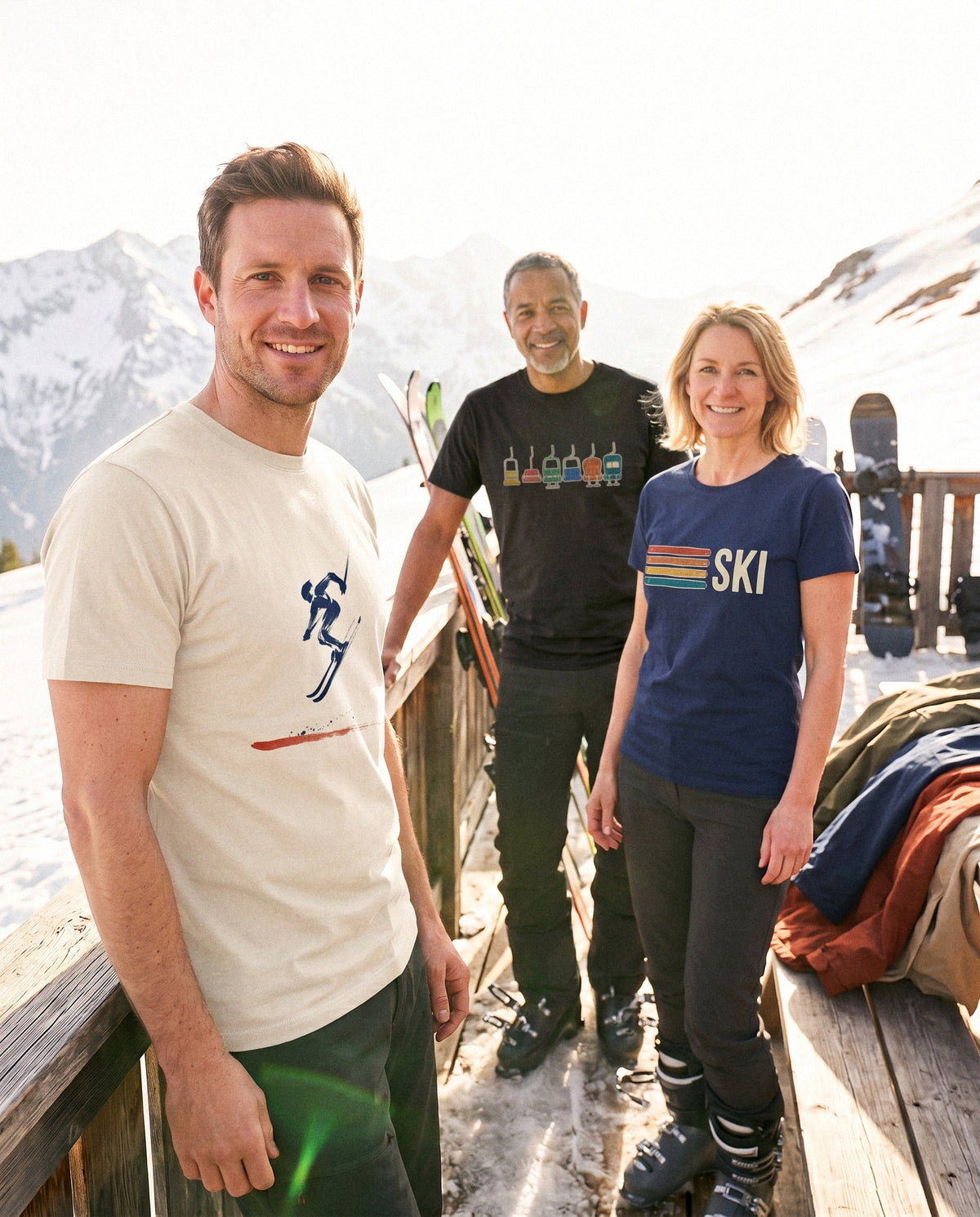 AukCliff t-shirts worn at a spring hut deck, photo 1