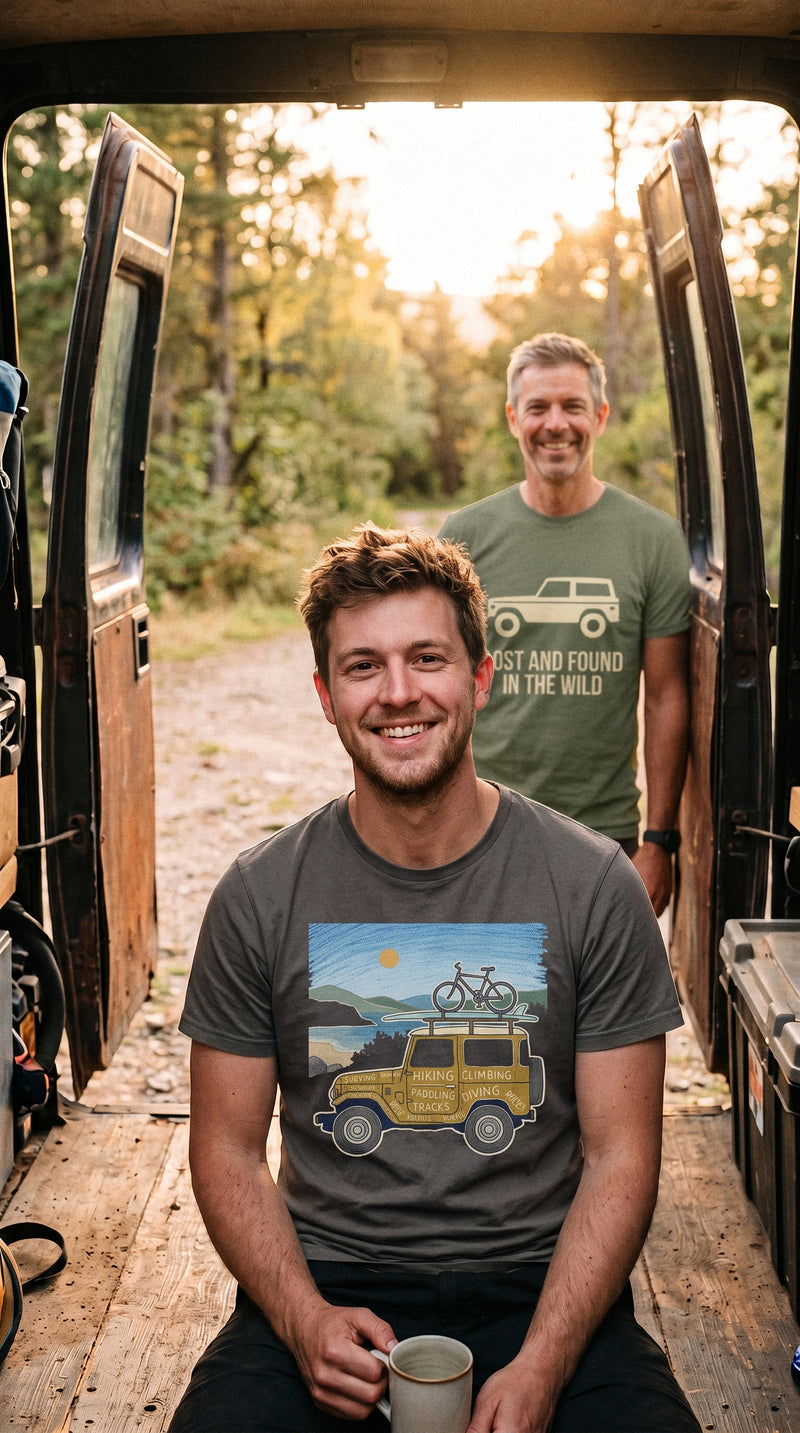 AukCliff t-shirts worn at a van camp above a valley, photo 3