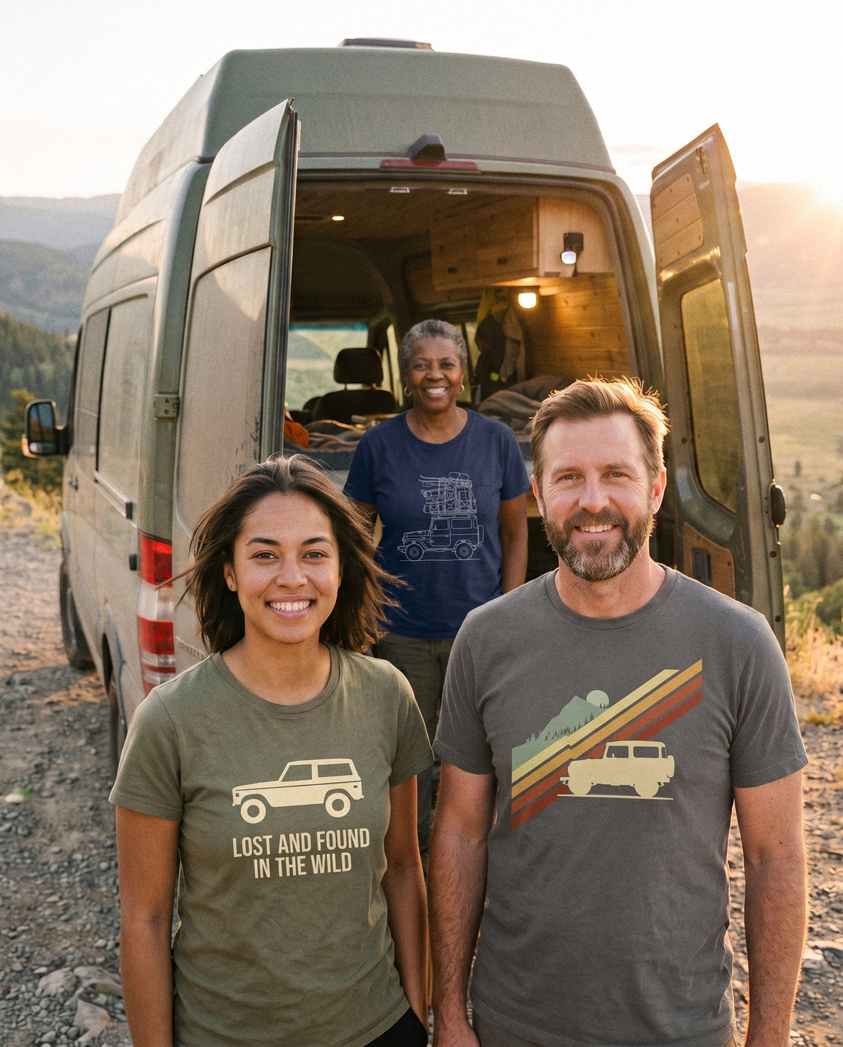 AukCliff t-shirts worn at a van camp above a valley, photo 1
