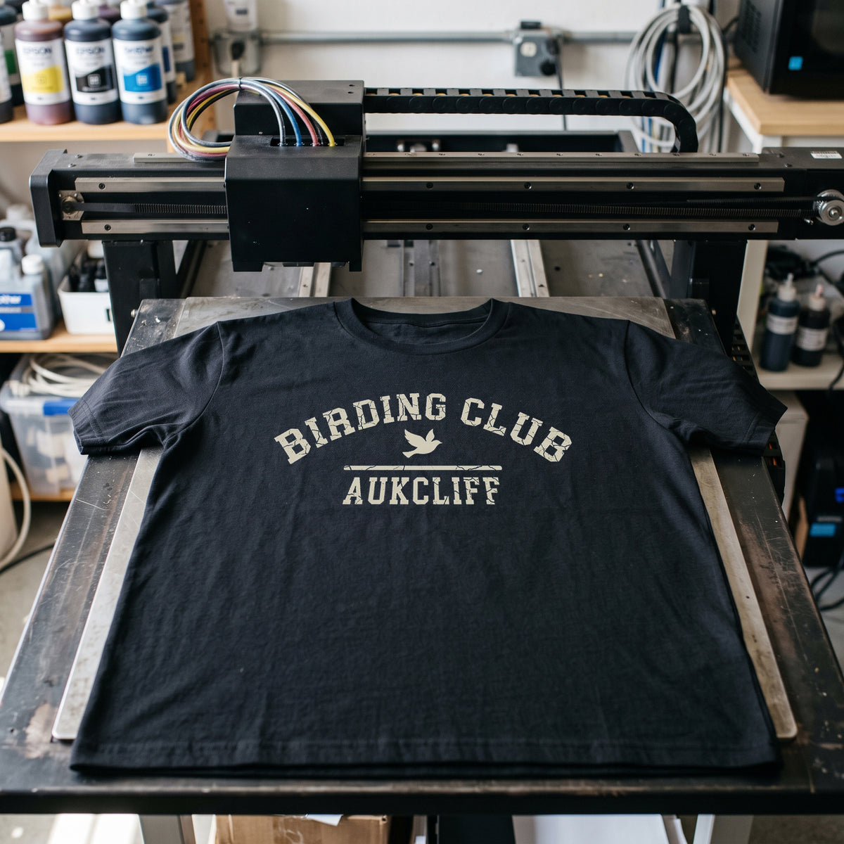 Folded tees on the workshop bench