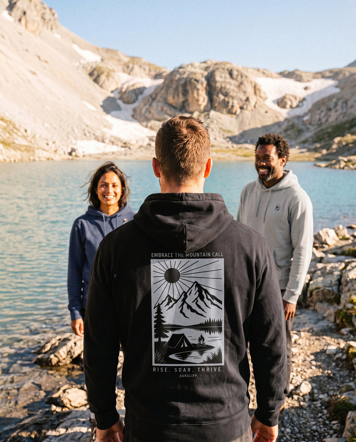 AukCliff back-print hoodie worn outdoors, photo 1